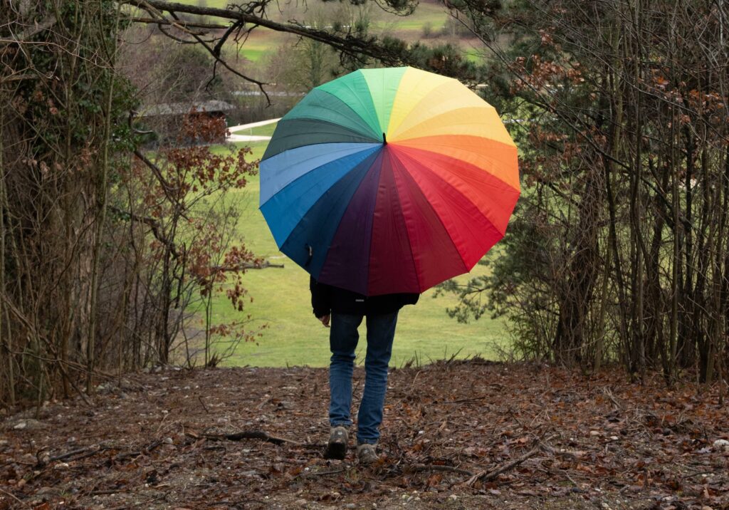 Person mit buntem Regenschirm im Wald