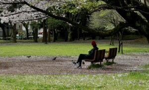 Eine Frau sitzt alleine in einem Park auf der Parkbank