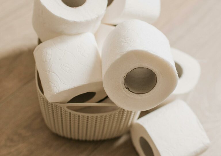 Mehrere Rollen Klopapier in einem Korb